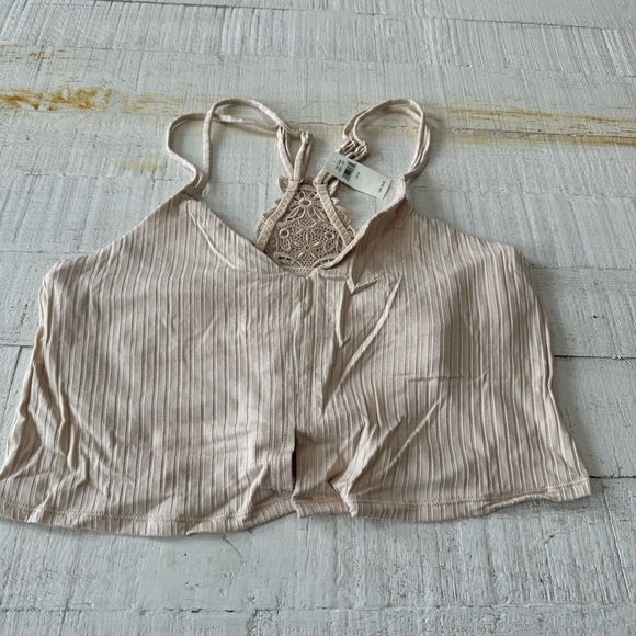 Aerie Ribbed Lace Racerback Tank Top NWT size Medium Beige Tan Cropped Cami - Picture 3 of 12